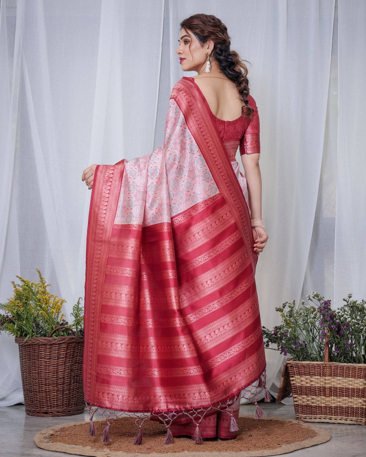 Pure Banarasi Digitally Printed Silk Saree Weaved With Zari Comes With Tassels.