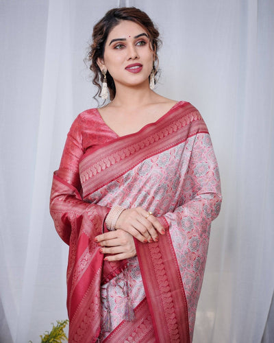 Pure Banarasi Digitally Printed Silk Saree Weaved With Zari Comes With Tassels.