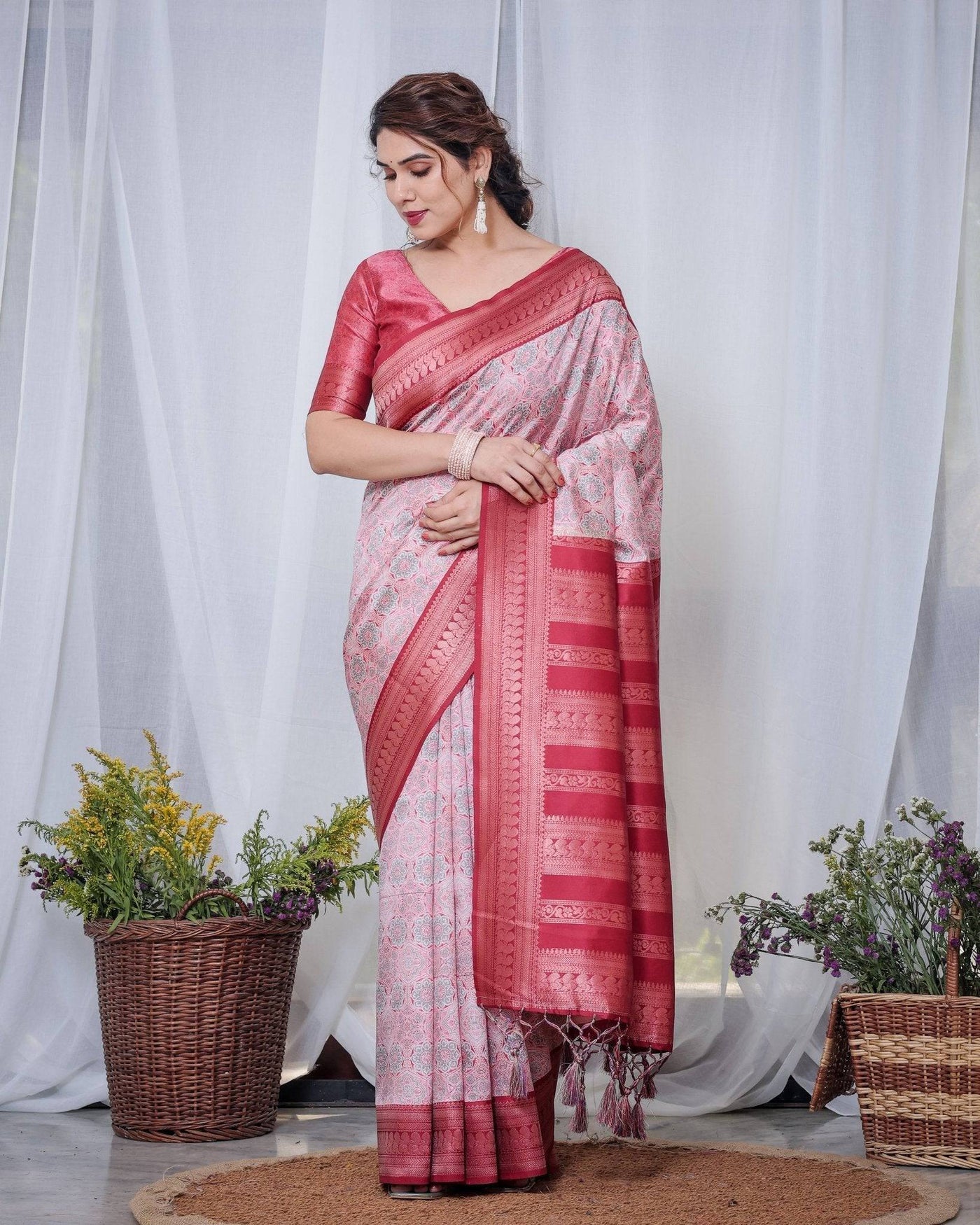 Pure Banarasi Digitally Printed Silk Saree Weaved With Zari Comes With Tassels.