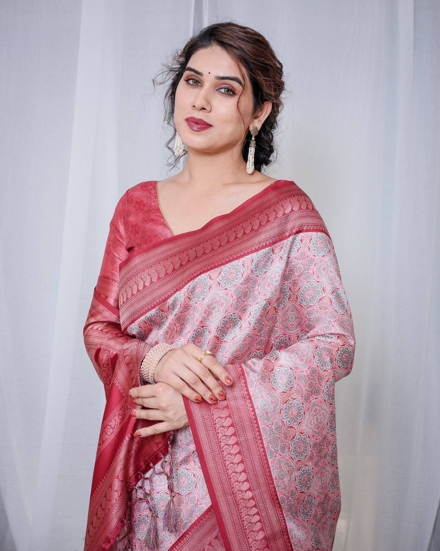 Crimson Red & White Banarasi Silk Saree with Intricate Geometric Motifs