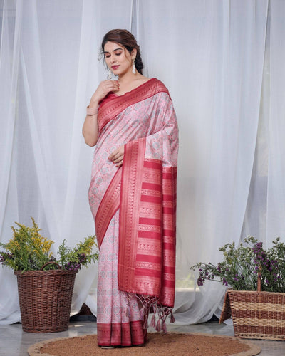 Pure Banarasi Digitally Printed Silk Saree Weaved With Zari Comes With Tassels.