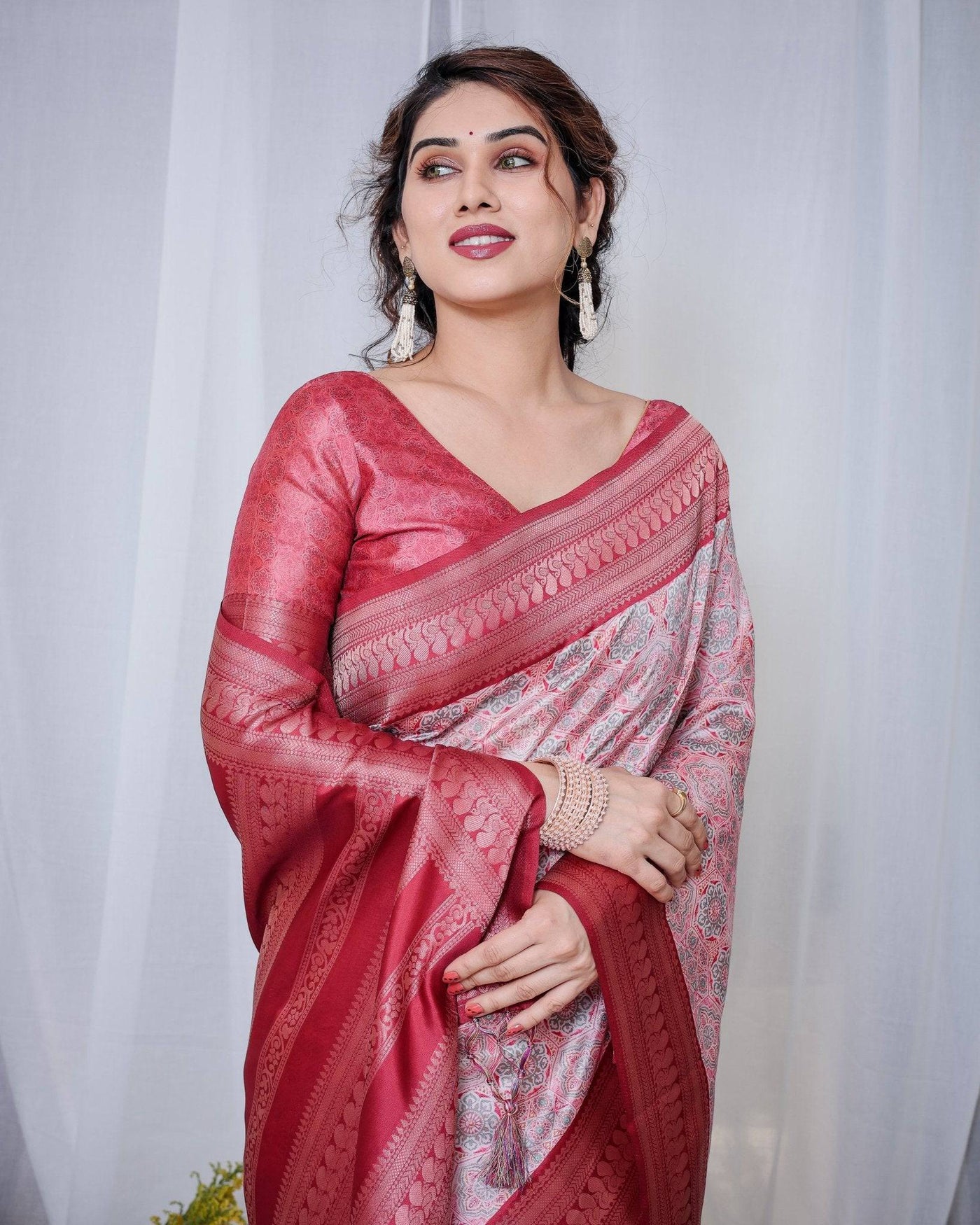 Pure Banarasi Digitally Printed Silk Saree Weaved With Zari Comes With Tassels.