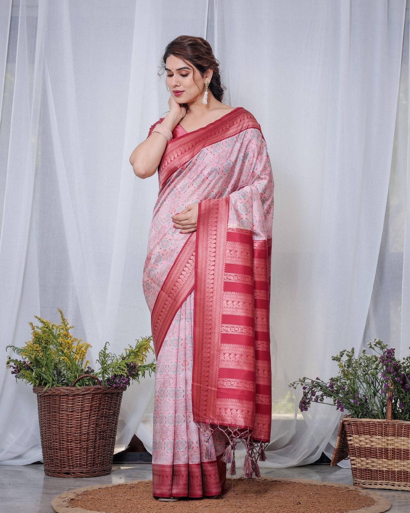 Pure Banarasi Digitally Printed Silk Saree Weaved With Zari Comes With Tassels.