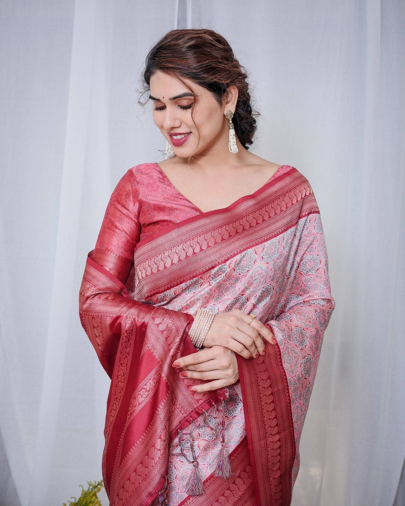 Crimson Red & White Banarasi Silk Saree with Intricate Geometric Motifs