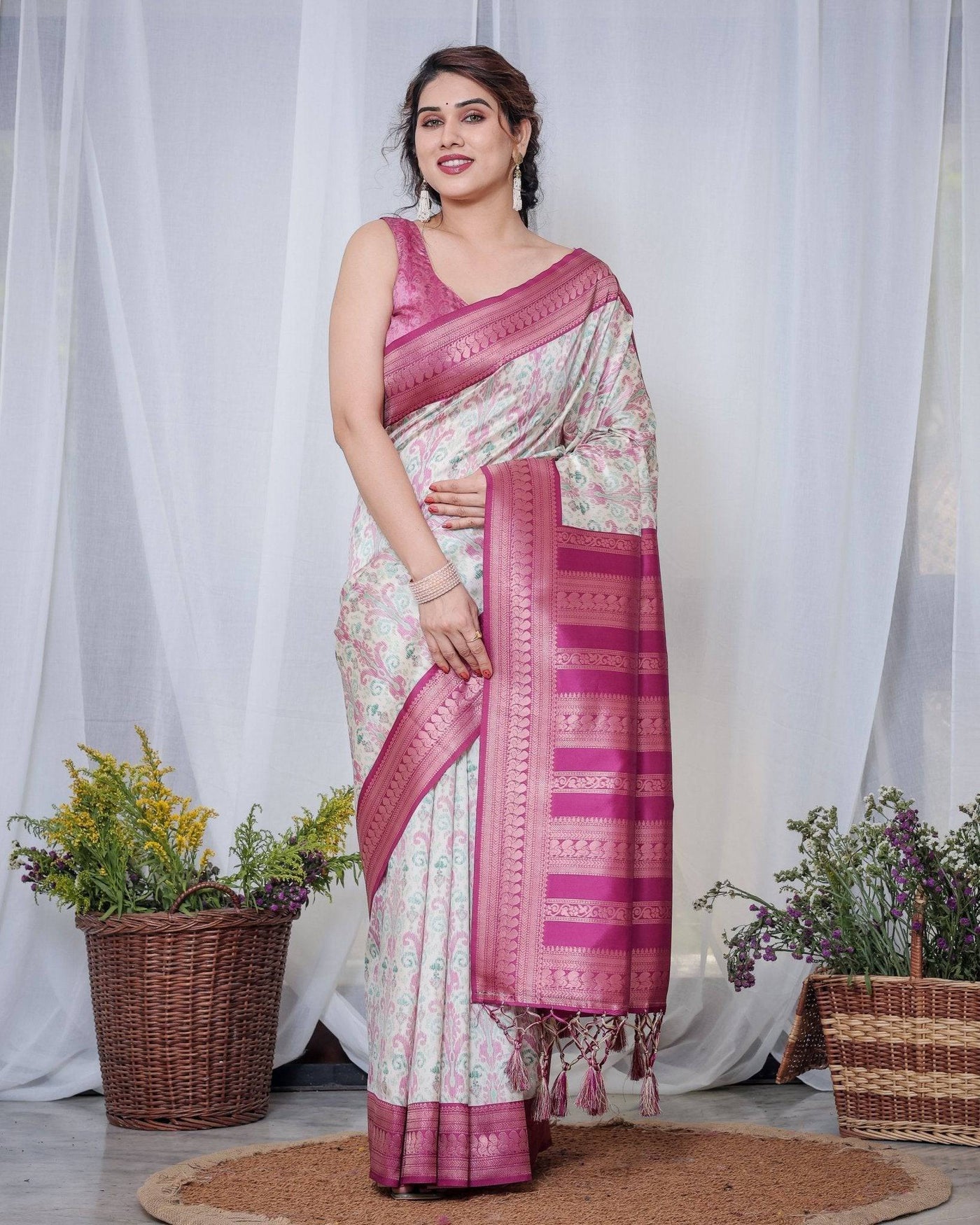 Ivory Banarasi Silk Saree with Pink Ikat Digital Print, Zari Border & Tassel Pallu