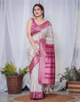 Ivory Banarasi Silk Sarees with Pink Ikat Digital Print, Zari Border & Tassels Pallu