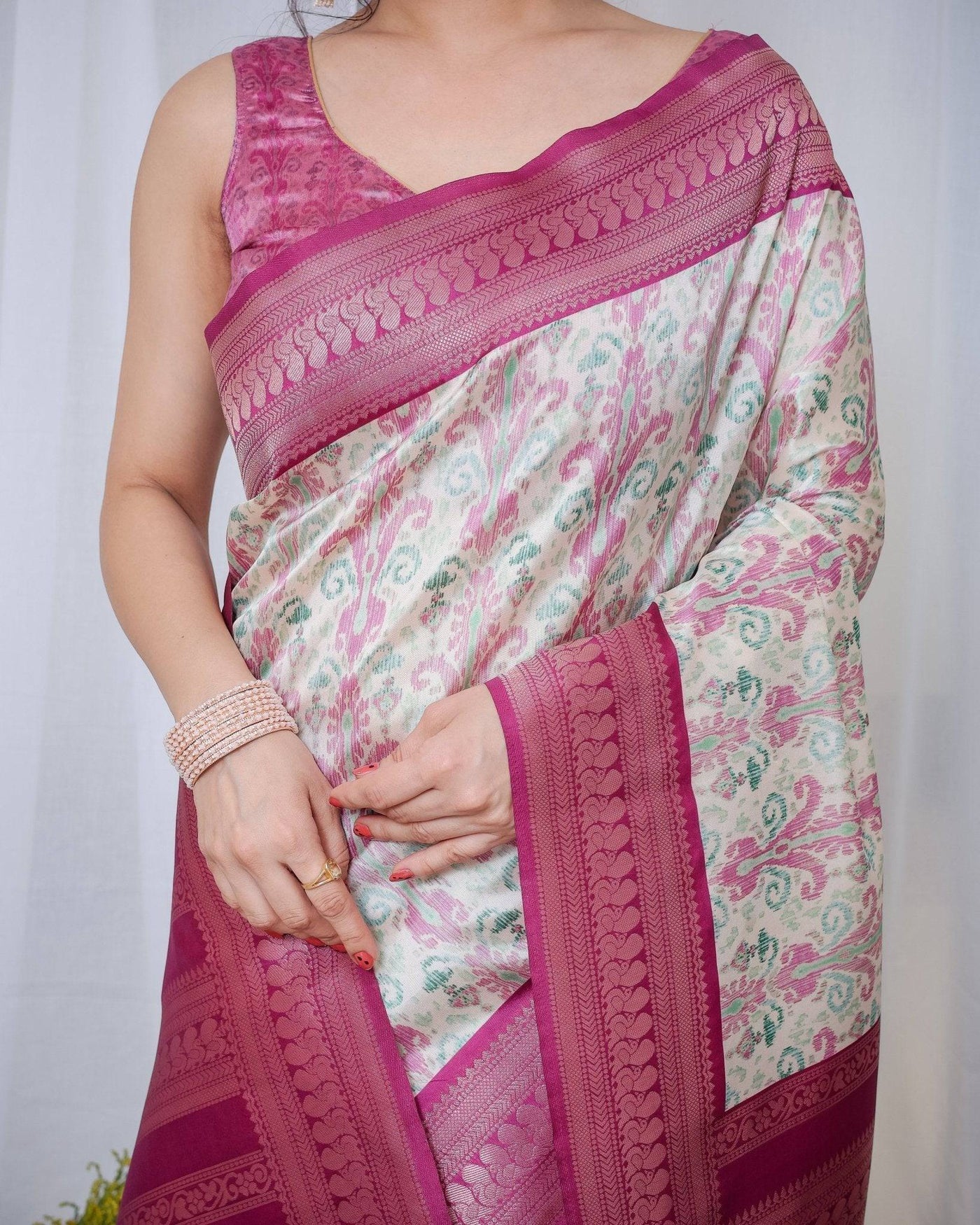 Ivory Banarasi Silk Saree with Pink Ikat Digital Print, Zari Border & Tassel Pallu