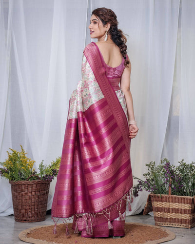 Pure Banarasi Digitally Printed Silk Saree Weaved With Zari Comes With Tassels.