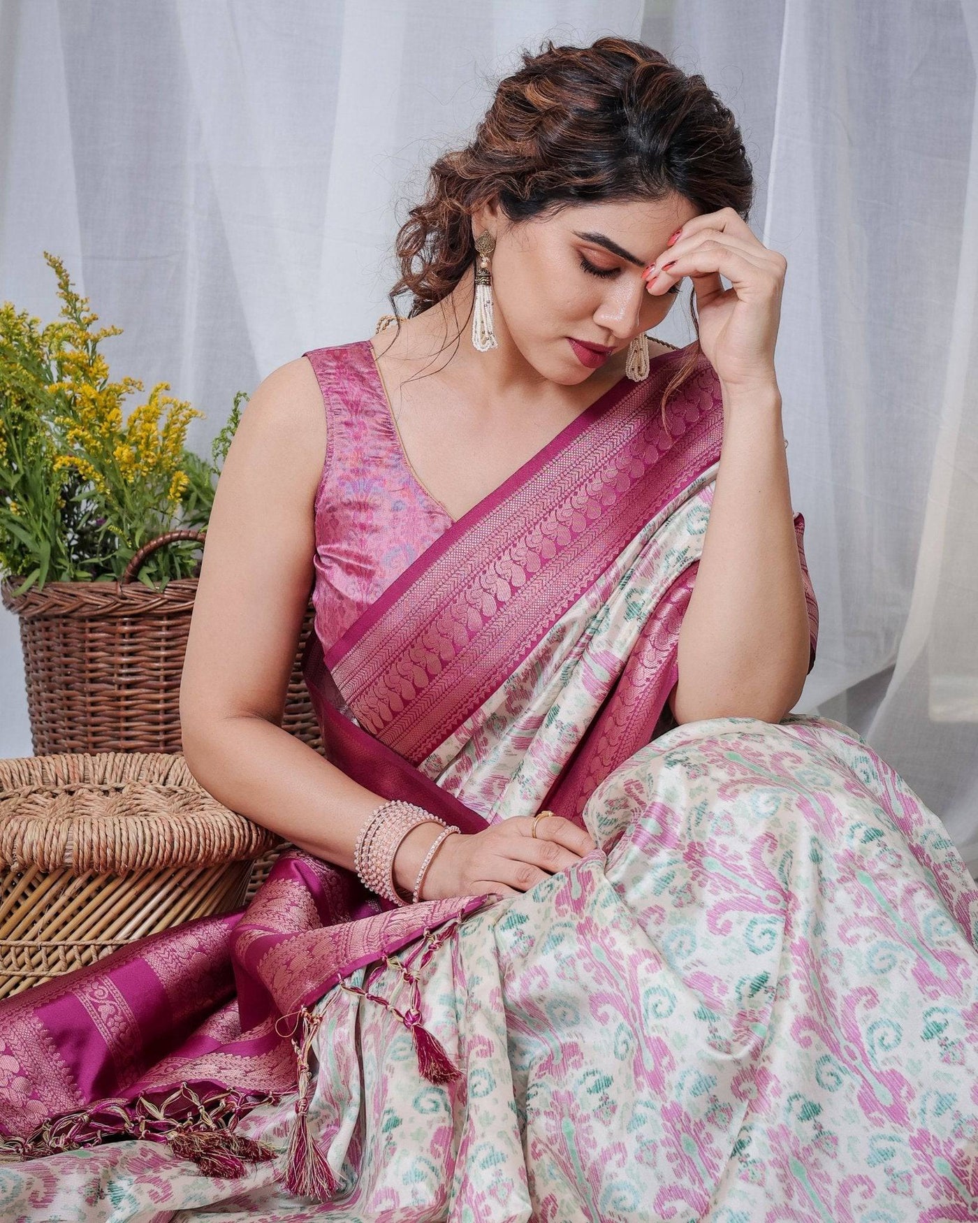 Pure Banarasi Digitally Printed Silk Saree Weaved With Zari Comes With Tassels.