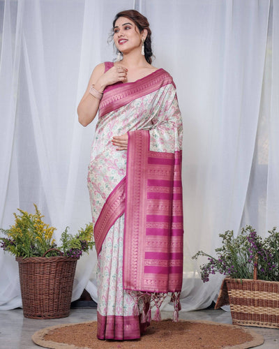 Pure Banarasi Digitally Printed Silk Saree Weaved With Zari Comes With Tassels.