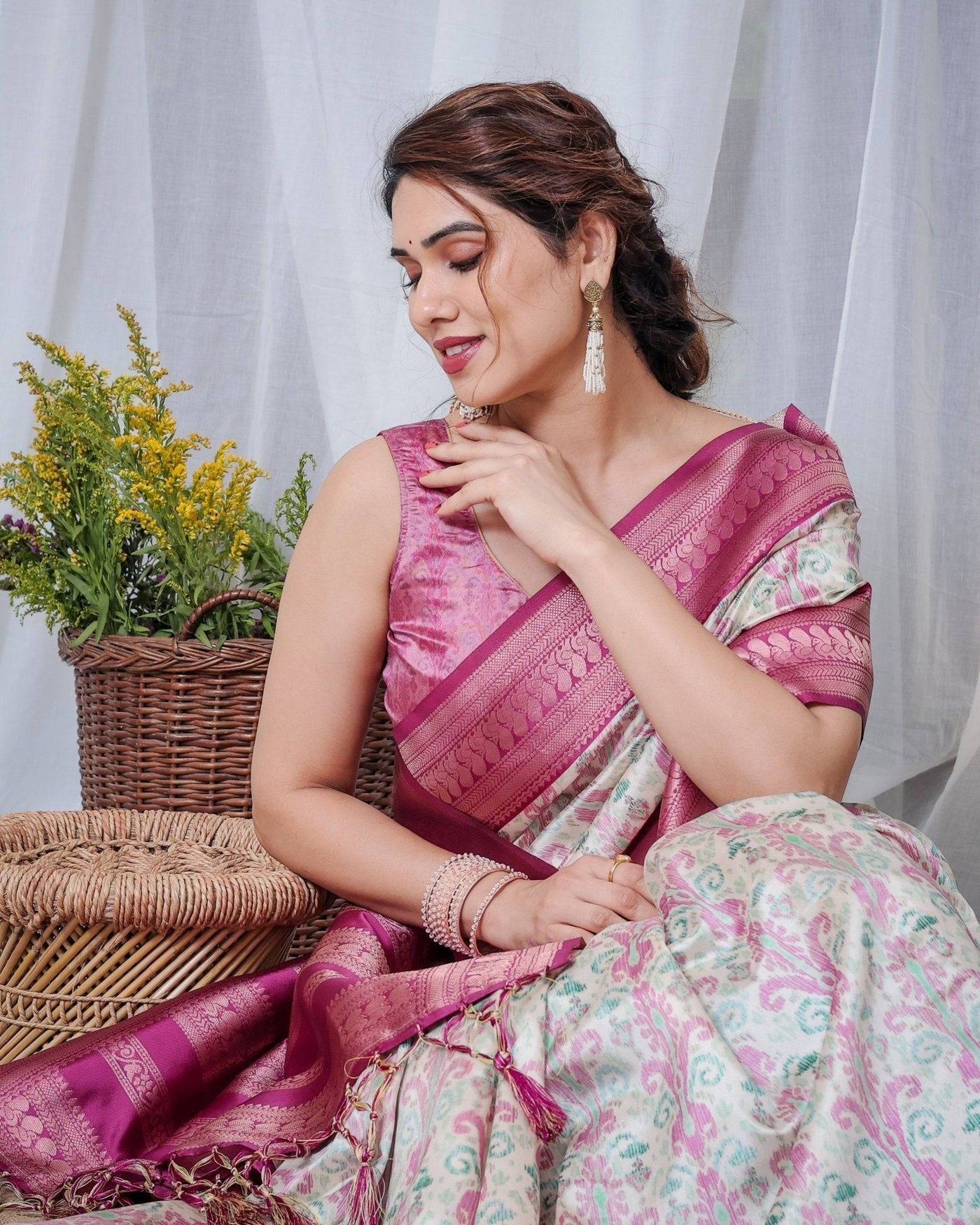 Pure Banarasi Digitally Printed Silk Saree Weaved With Zari Comes With Tassels.