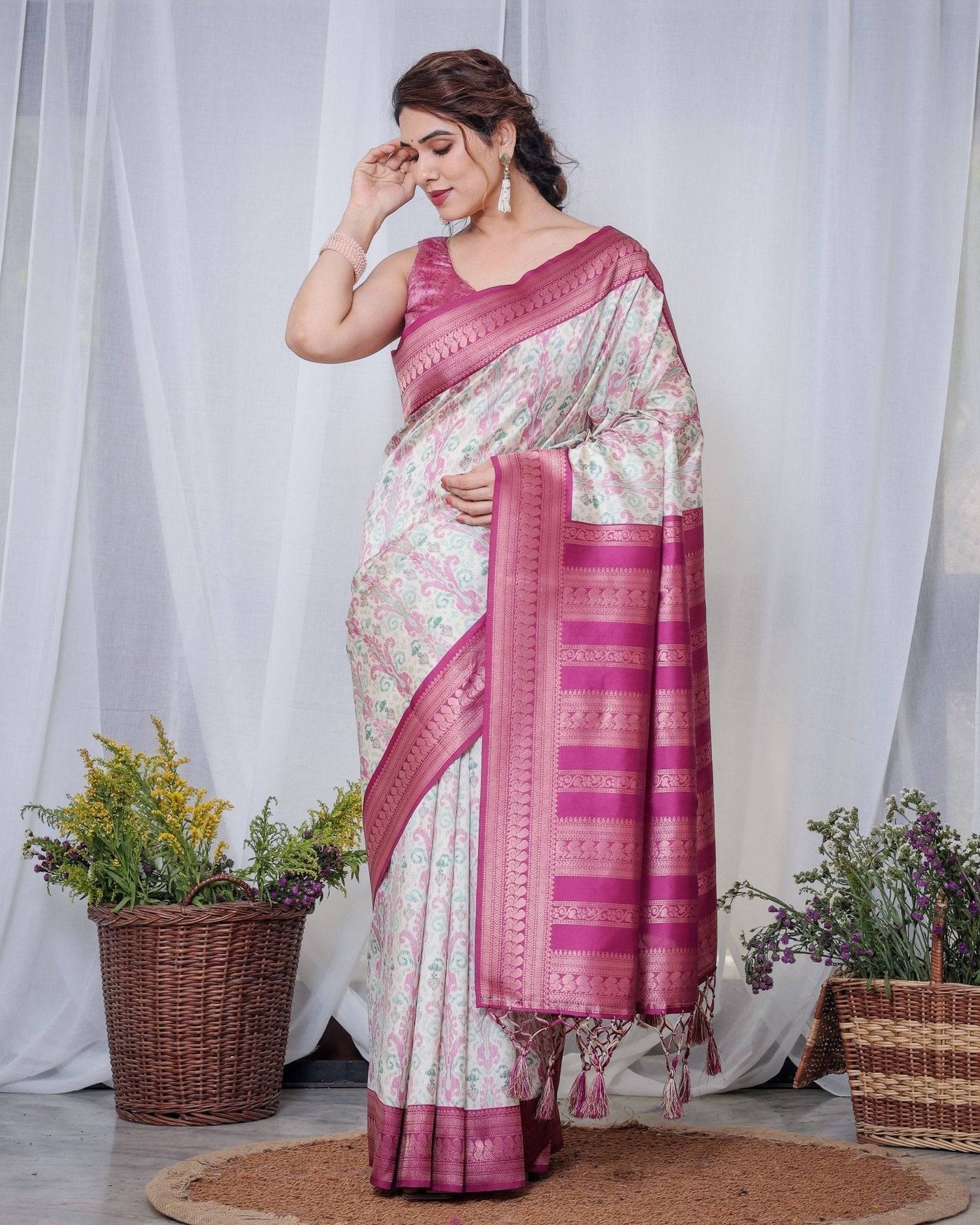 Ivory Banarasi Silk Sarees with Pink Ikat Digital Print, Zari Border & Tassels Pallu