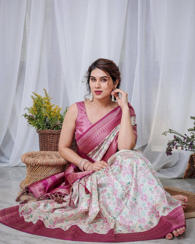 Ivory Banarasi Silk Saree with Pink Ikat Digital Print, Zari Border & Tassel Pallu