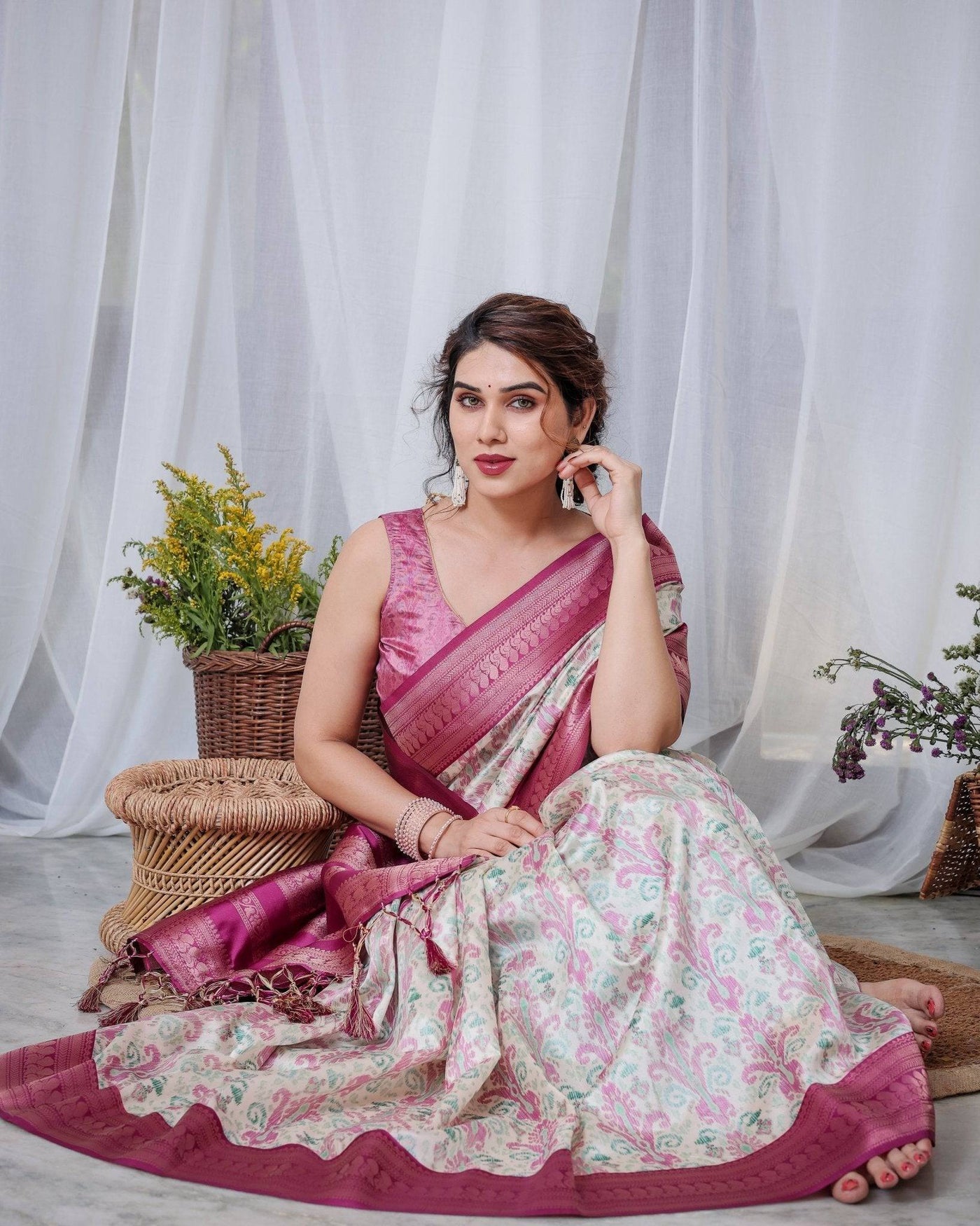 Pure Banarasi Digitally Printed Silk Saree Weaved With Zari Comes With Tassels.