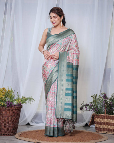 Pure Banarasi Digitally Printed Silk Saree Weaved With Zari Comes With Tassels.