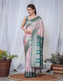 Teal Green Banarasi Silk Saree with Multicolor Digital Patchwork Print & Zari Border