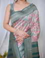 Teal Green Banarasi Silk Saree with Multicolor Digital Patchwork Print & Zari Border