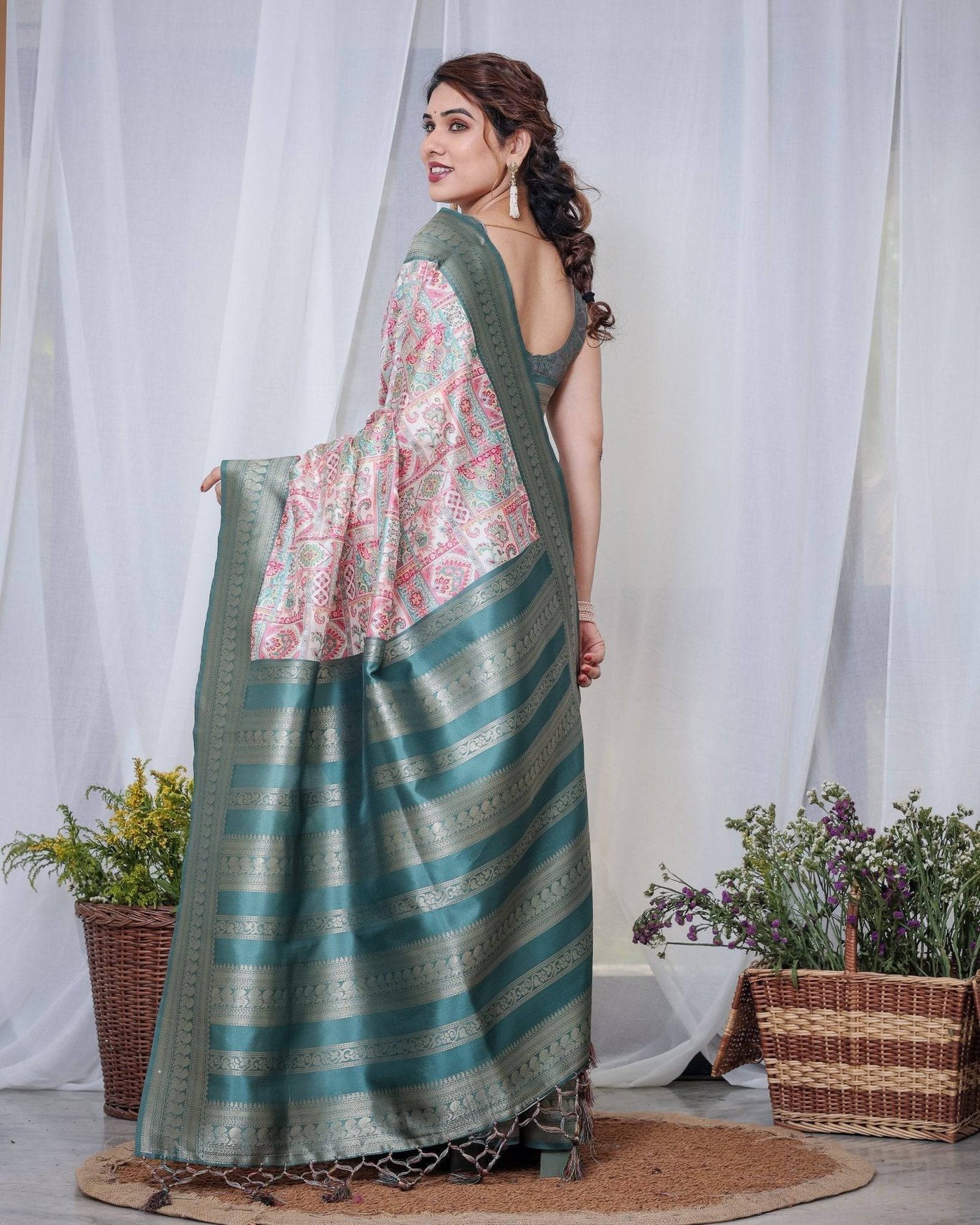 Pure Banarasi Digitally Printed Silk Saree Weaved With Zari Comes With Tassels.