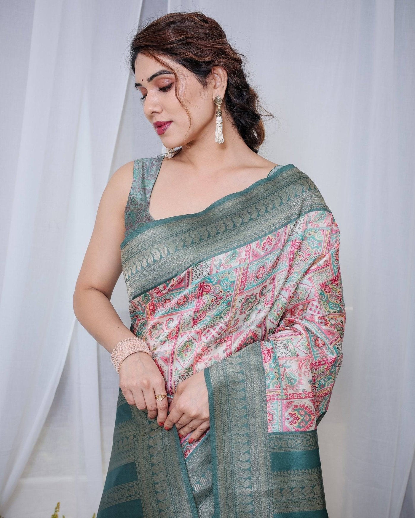 Pure Banarasi Digitally Printed Silk Saree Weaved With Zari Comes With Tassels.