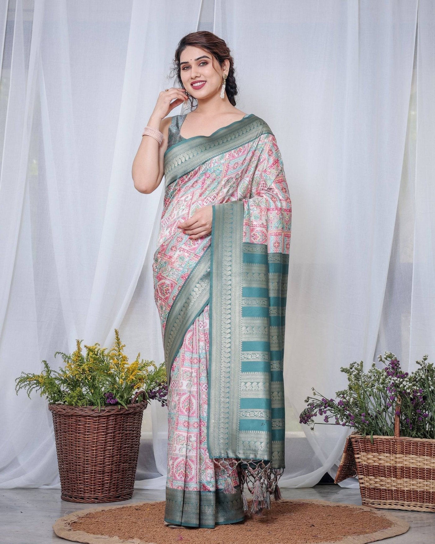 Pure Banarasi Digitally Printed Silk Saree Weaved With Zari Comes With Tassels.