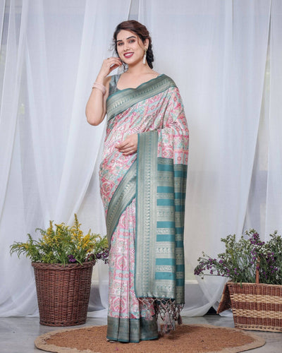 Pure Banarasi Digitally Printed Silk Saree Weaved With Zari Comes With Tassels.