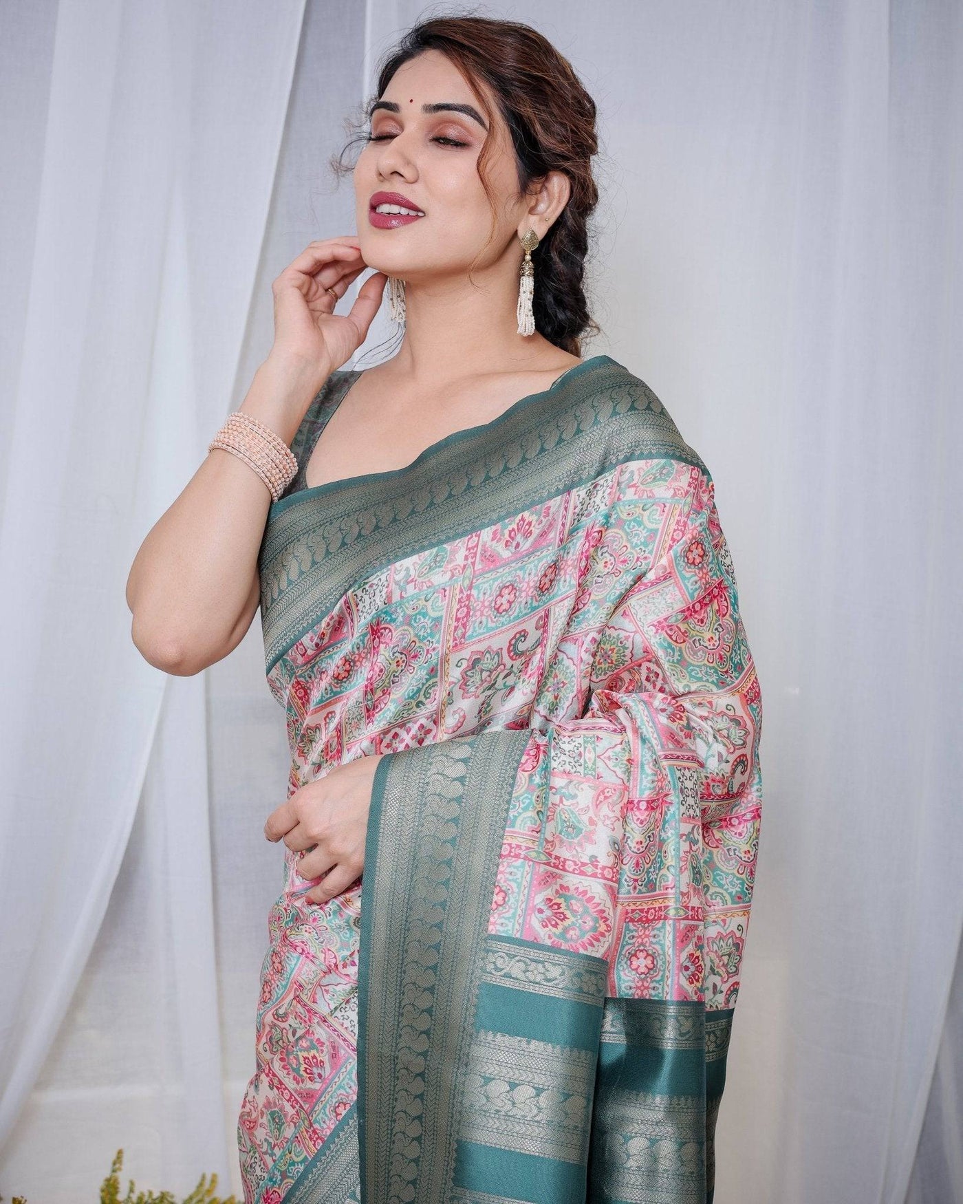 Pure Banarasi Digitally Printed Silk Saree Weaved With Zari Comes With Tassels.