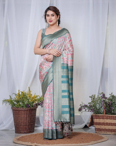 Teal Green Banarasi Silk Saree with Multicolor Digital Patchwork Print & Zari Border