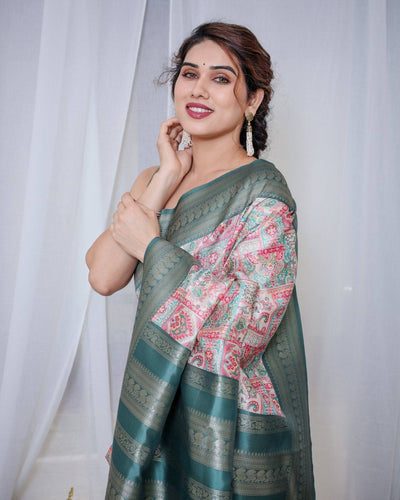 Pure Banarasi Digitally Printed Silk Saree Weaved With Zari Comes With Tassels.