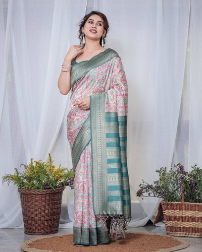 Pure Banarasi Digitally Printed Silk Saree Weaved With Zari Comes With Tassels.