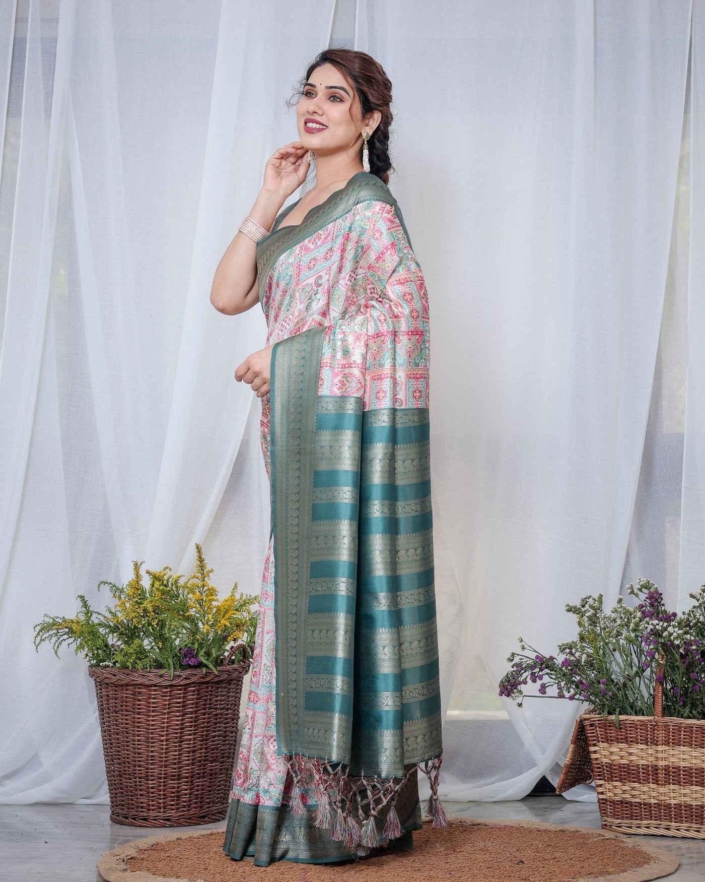 Pure Banarasi Digitally Printed Silk Saree Weaved With Zari Comes With Tassels.