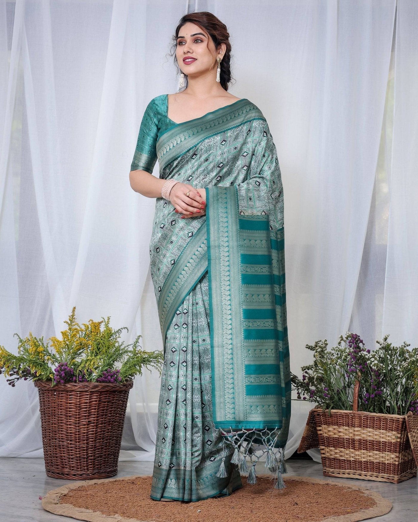 Pure Banarasi Digitally Printed Silk Saree Weaved With Zari Comes With Tassels.