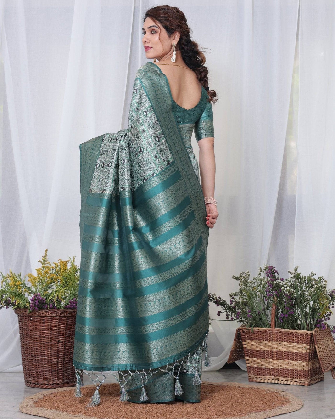 Pure Banarasi Digitally Printed Silk Saree Weaved With Zari Comes With Tassels.