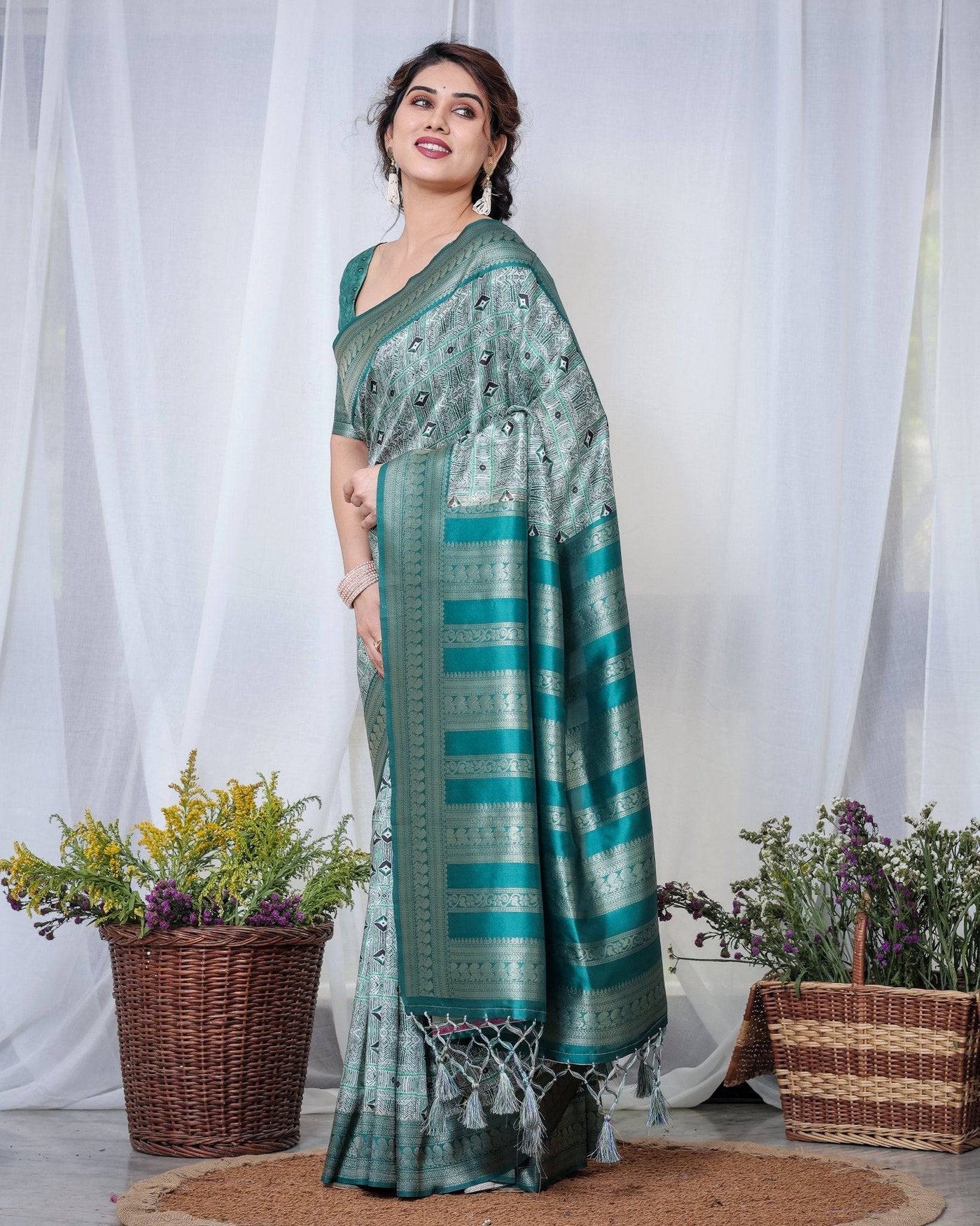 Pure Banarasi Digitally Printed Silk Saree Weaved With Zari Comes With Tassels.