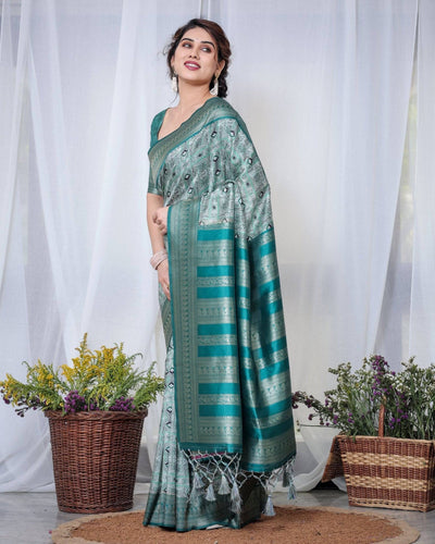 Banarasi Digitally Printed Green Silk Saree with Zari Weave and Elegant Tassels