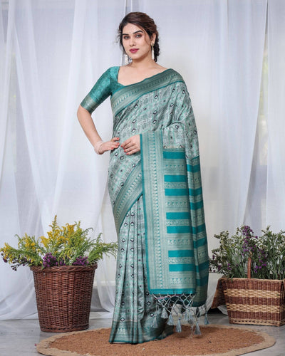 Banarasi Digitally Printed Green Silk Saree with Zari Weave and Elegant Tassels