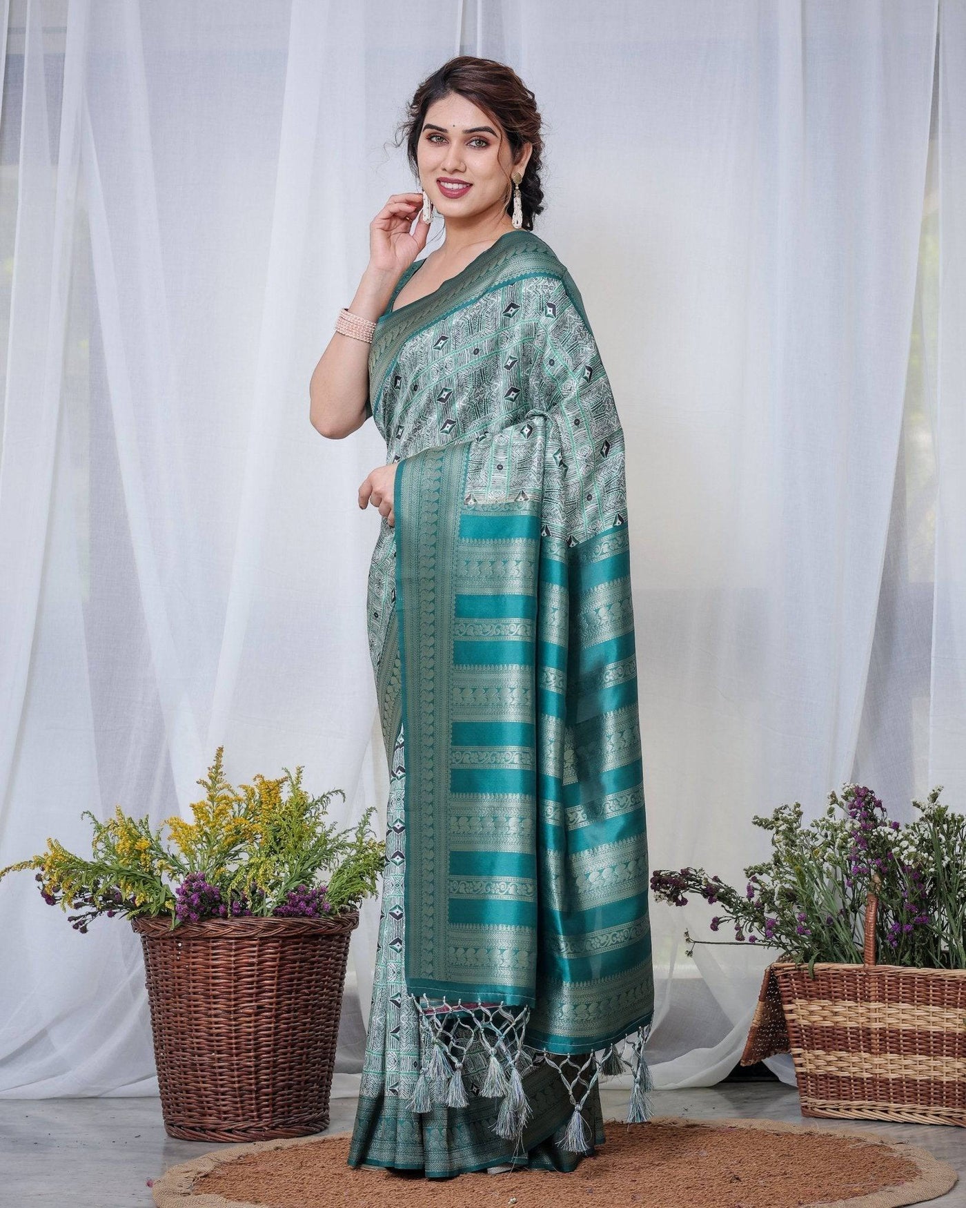 Pure Banarasi Digitally Printed Silk Saree Weaved With Zari Comes With Tassels.