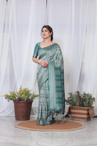 Pure Banarasi Digitally Printed Silk Saree Weaved With Zari Comes With Tassels.