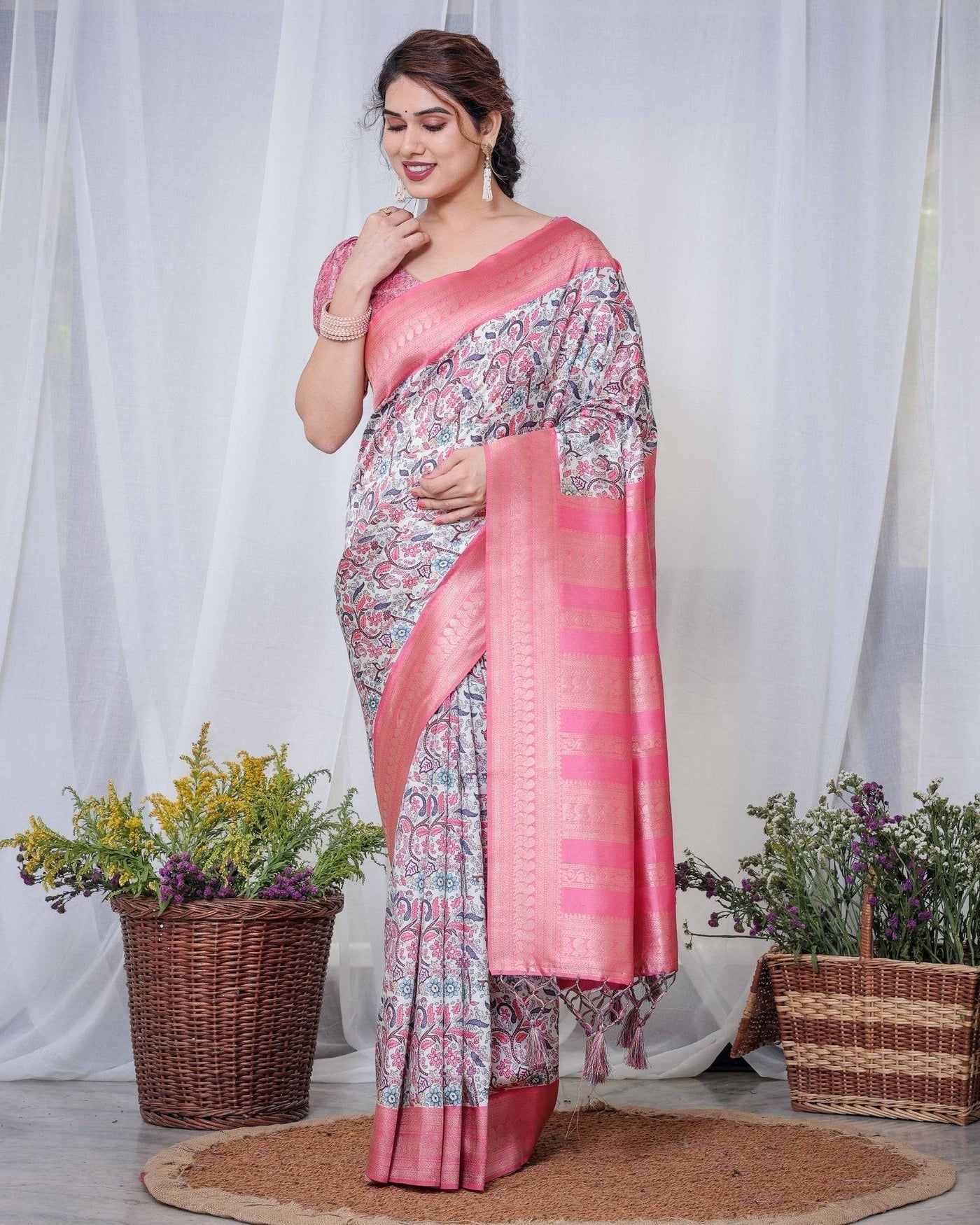 Pure Banarasi Digitally Printed Silk Saree Weaved With Zari Comes With Tassels.