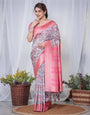 Ivory Banarasi Silk Saree with Vibrant Paisley Digital Print, Pink Zari Border & Tassel Pallu