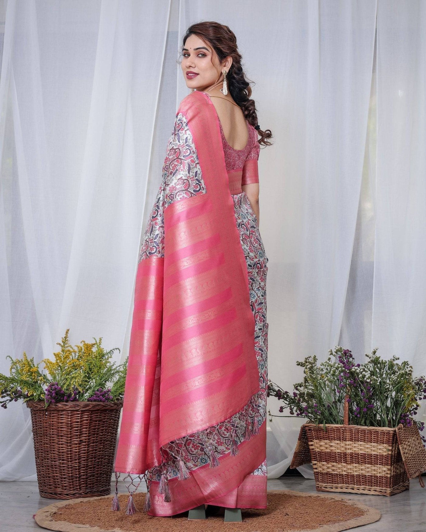 Pure Banarasi Digitally Printed Silk Saree Weaved With Zari Comes With Tassels.