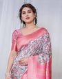 Ivory Banarasi Silk Saree with Vibrant Paisley Digital Print, Pink Zari Border & Tassel Pallu