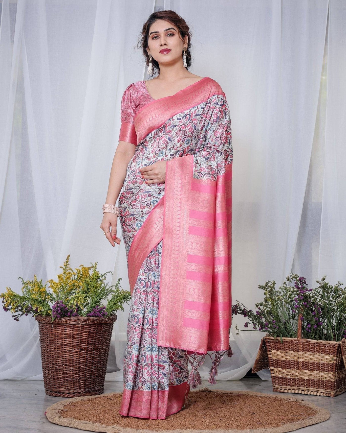 Ivory Banarasi Silk Saree with Vibrant Paisley Digital Print, Pink Zari Border & Tassel Pallu