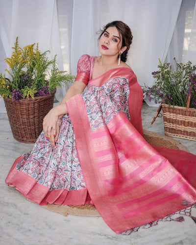 Ivory Banarasi Silk Saree with Vibrant Paisley Digital Print, Pink Zari Border & Tassel Pallu