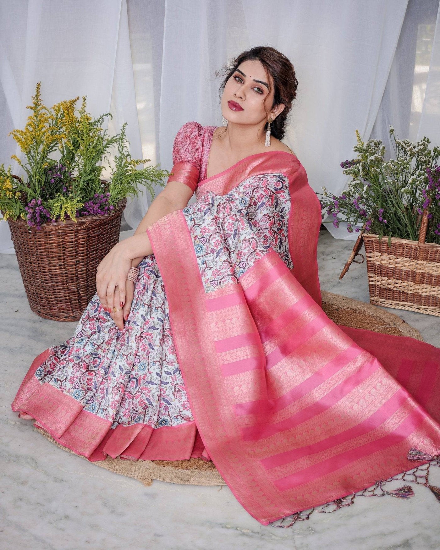 Pure Banarasi Digitally Printed Silk Saree Weaved With Zari Comes With Tassels.