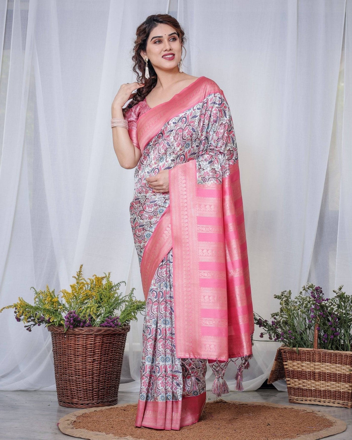 Ivory Banarasi Silk Saree with Vibrant Paisley Digital Print, Pink Zari Border & Tassel Pallu