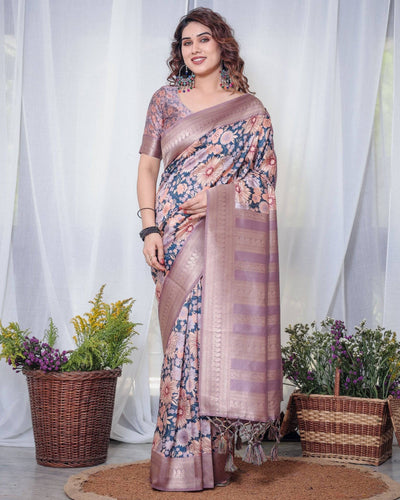 Pure Banarasi Digitally Printed Silk Saree Weaved With Zari Comes With Tassels.