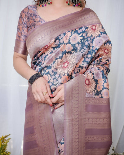 Lilac Banarasi Silk Saree with Pastel Floral Digital Print, Zari Border & Tassel Pallu