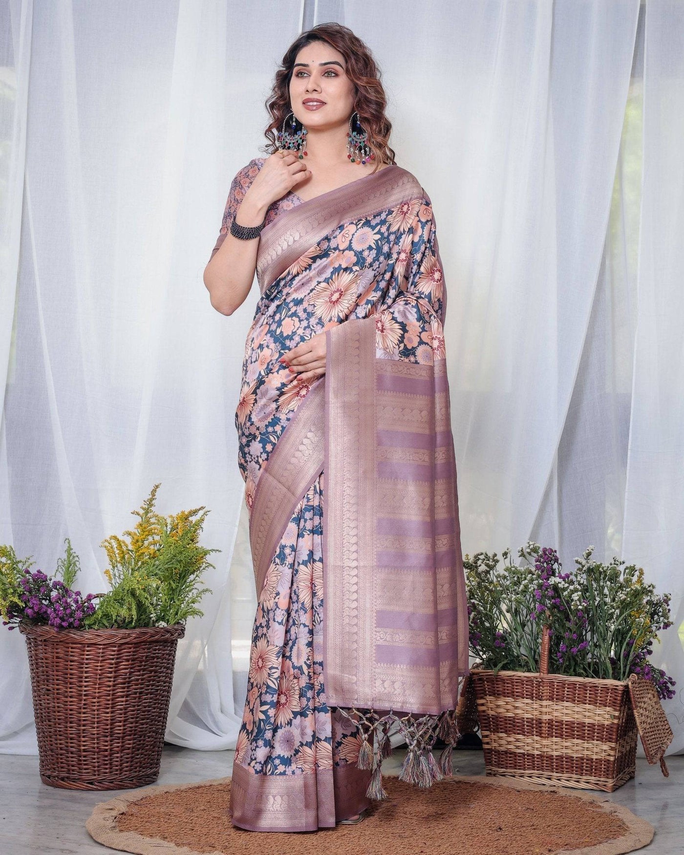 Pure Banarasi Digitally Printed Silk Saree Weaved With Zari Comes With Tassels.