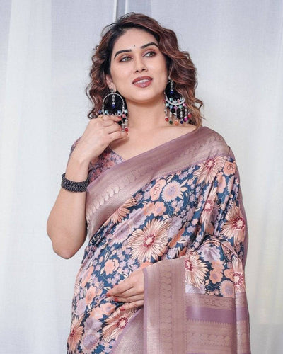 Lilac Banarasi Silk Saree with Pastel Floral Digital Print, Zari Border & Tassel Pallu