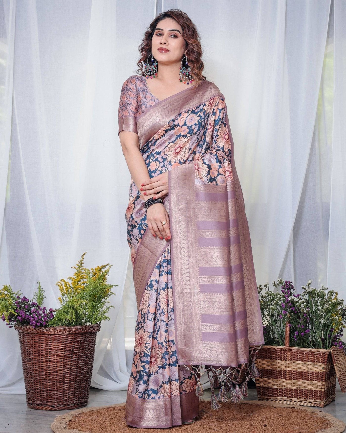 Lilac Banarasi Silk Saree with Pastel Floral Digital Print, Zari Border & Tassel Pallu